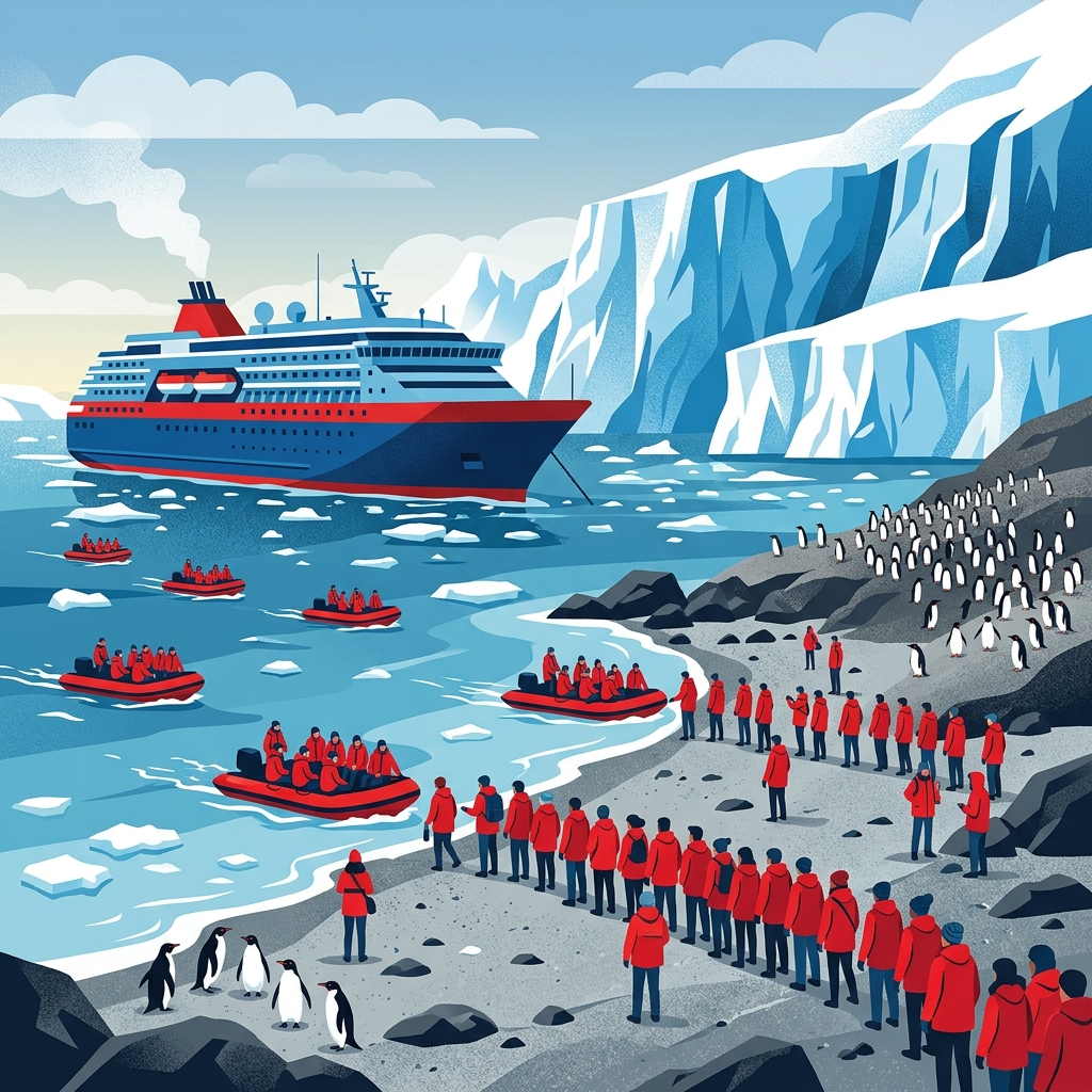AI Generated Image - Dozens of tourists in red jackets queuing at a narrow Antarctic landing beach with towering ice cliffs and an expedition cruise ship in the background