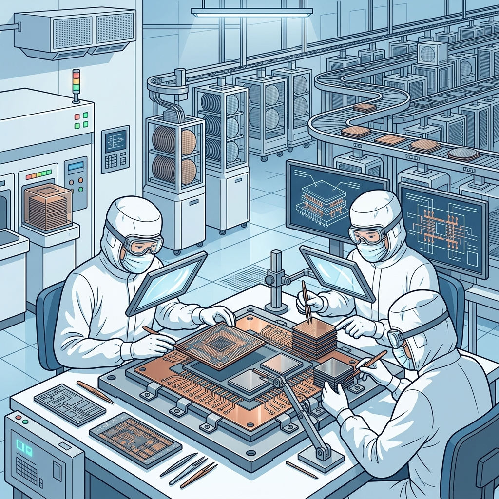AI 생성 이미지 - TSMC 반도체 청정실 패키징 라인에서 보호복을 입은 엔지니어들이 고성능 AI 칩과 적층 메모리를 실리콘 인터포저 기판 위에 정밀하게 배치하는 모습. 배경에는 컨베이어 시스템 위의 대기 중인 웨이퍼 랙들이 제조 병목을 시각적으로 표현하고 있다.