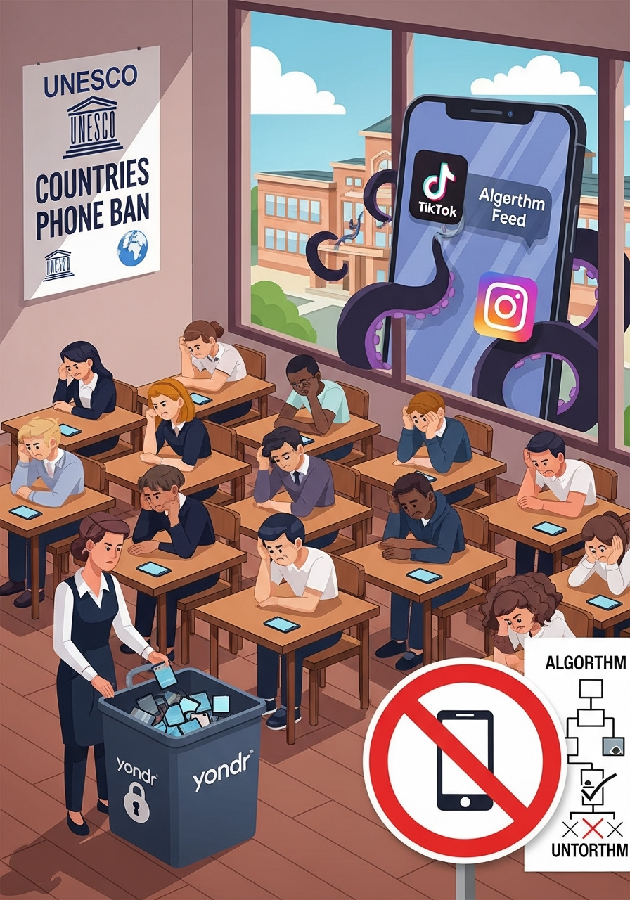 AI Generated Image - A classroom scene where a teacher collects student smartphones into Yondr pouch bins, with a UNESCO 114 Countries Phone Ban poster on the wall, while giant TikTok and Instagram algorithm tentacles reach toward the school through the window