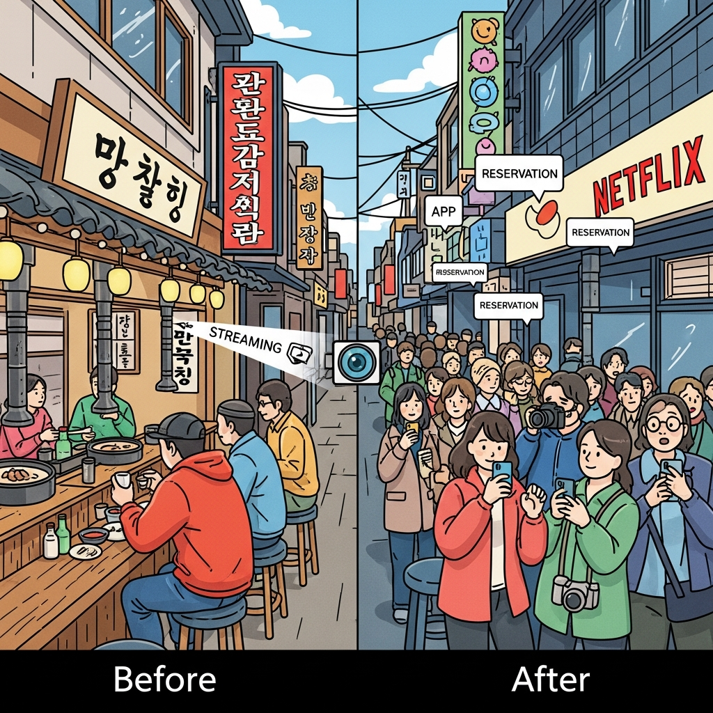 AI Generated Image - A digital editorial illustration showing the Netflix Culinary Class Wars effect, contrasting a peaceful traditional Korean restaurant with local diners on the left against the same alley transformed into a tourist hotspot with camera-wielding crowds and reservation app notifications on the right. A streaming camera lens symbolizes the moment of discovery, depicting how platform exposure displaces local communities.