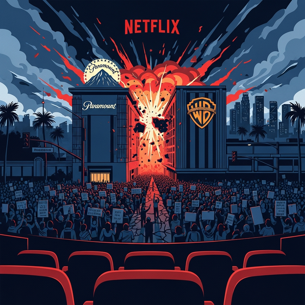 AI Generated Image - Paramount and Warner Bros. buildings merging dramatically at center with explosion effect, Netflix logo watching from above, glowing red theater seats in foreground, thousands of protester figures below