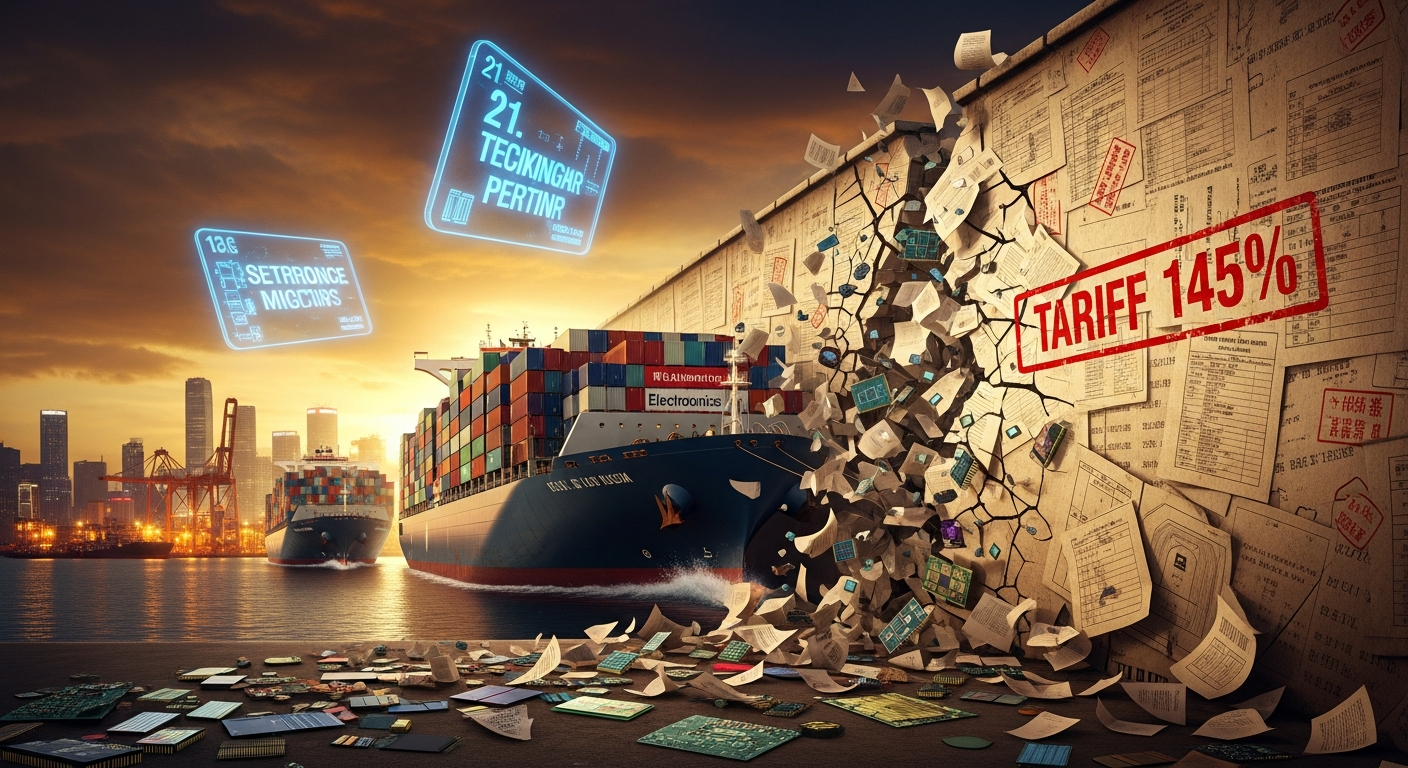 (AI-generated images) Chinese cargo ships breaking through tariff walls with semiconductor chips — tariff paradox visualization