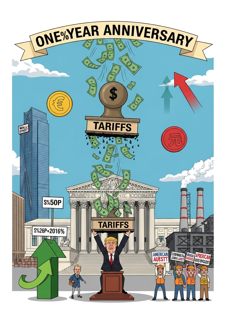 AI Generated Image - US Supreme Court tariff ruling anniversary showing Wall Street gains versus factory job losses with caricature political figure and TARIFFS stamp