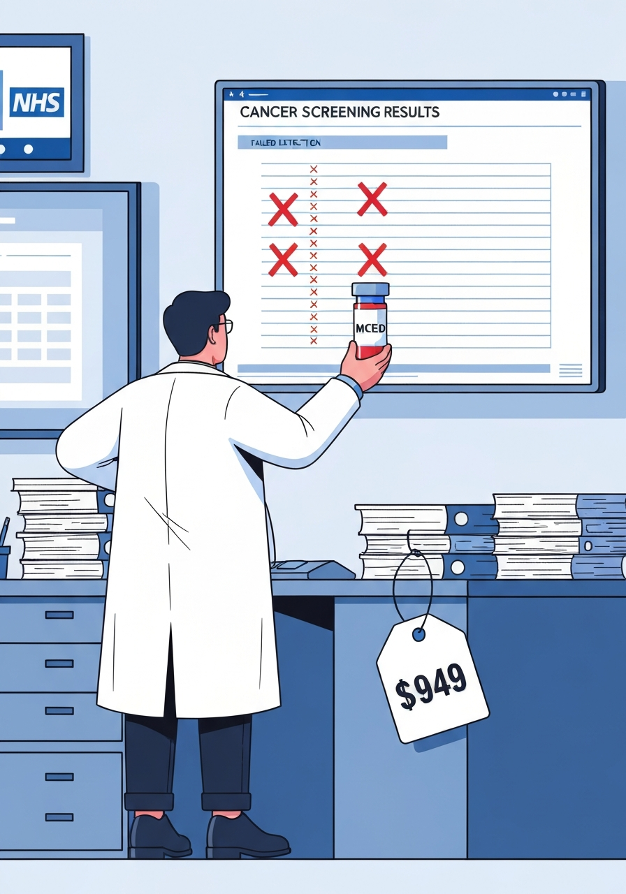 AI Generated Image - A scientist in a clinical lab holding an MCED blood test vial while examining failed cancer screening results on a large screen