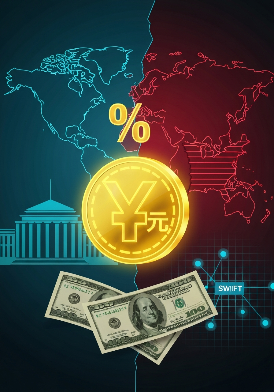 AI Generated Image - Digital yuan coin with interest symbol over fading dollar bills, split world map