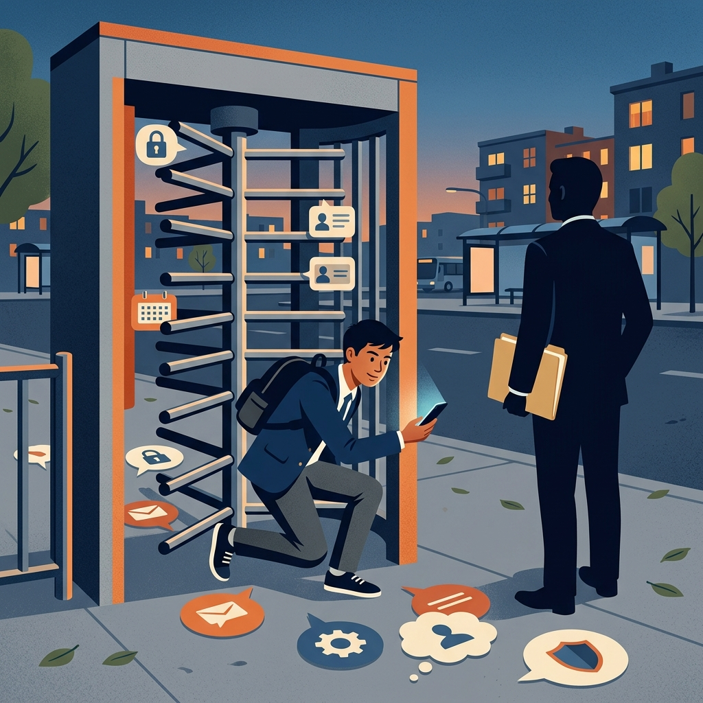 AI Generated Image - A high school student in uniform holding a smartphone slips through a narrow gap beside a towering age verification gate shaped like a turnstile, while a silhouetted policy maker holding a file folder watches from the side, with app icon speech bubbles scattered on the ground.