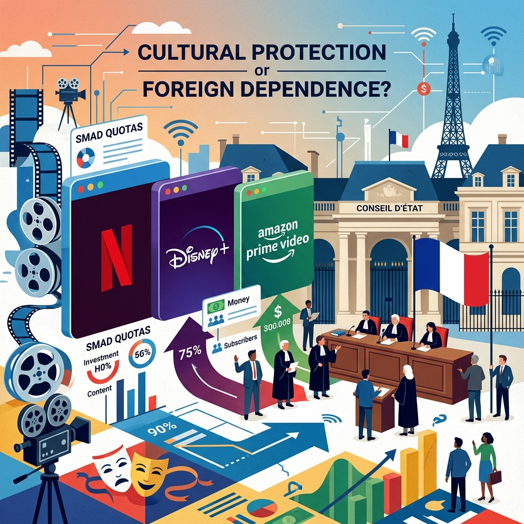 AI 생성 이미지 — Netflix, Disney+, Amazon Prime Video가 프랑스 Conseil d'État 법정에서 SMAD 문화 쿼터 규정에 항소하는 장면, 에펠탑과 필름 릴로 표현된 프랑스 문화 상징과 법정 내 판사·변호사들이 보임