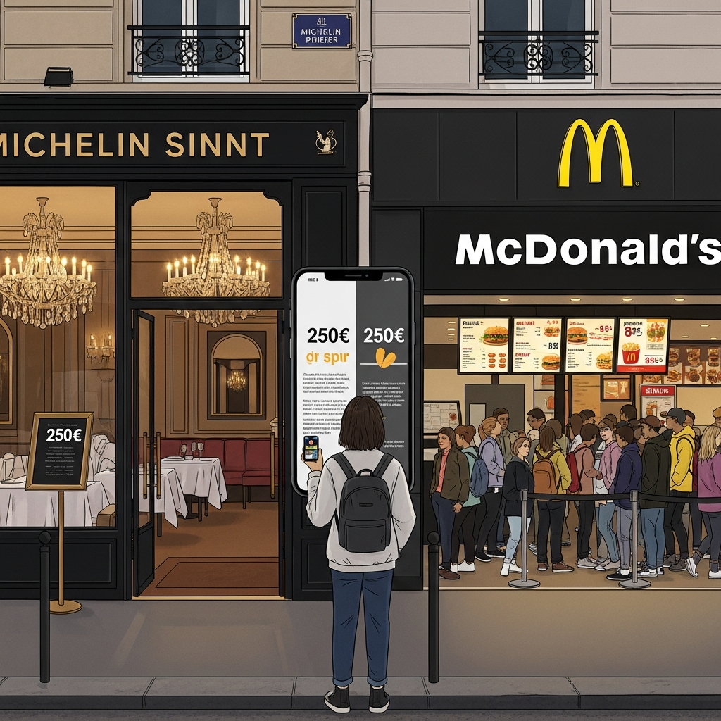 AI Generated Image - A digital illustration of a Paris street showing a Michelin-starred restaurant on the left with chandeliers and formal ambiance displaying 250 euros, a McDonald's storefront on the right with golden arches and customers in queue, and a Gen Z customer in the center comparing prices on a smartphone