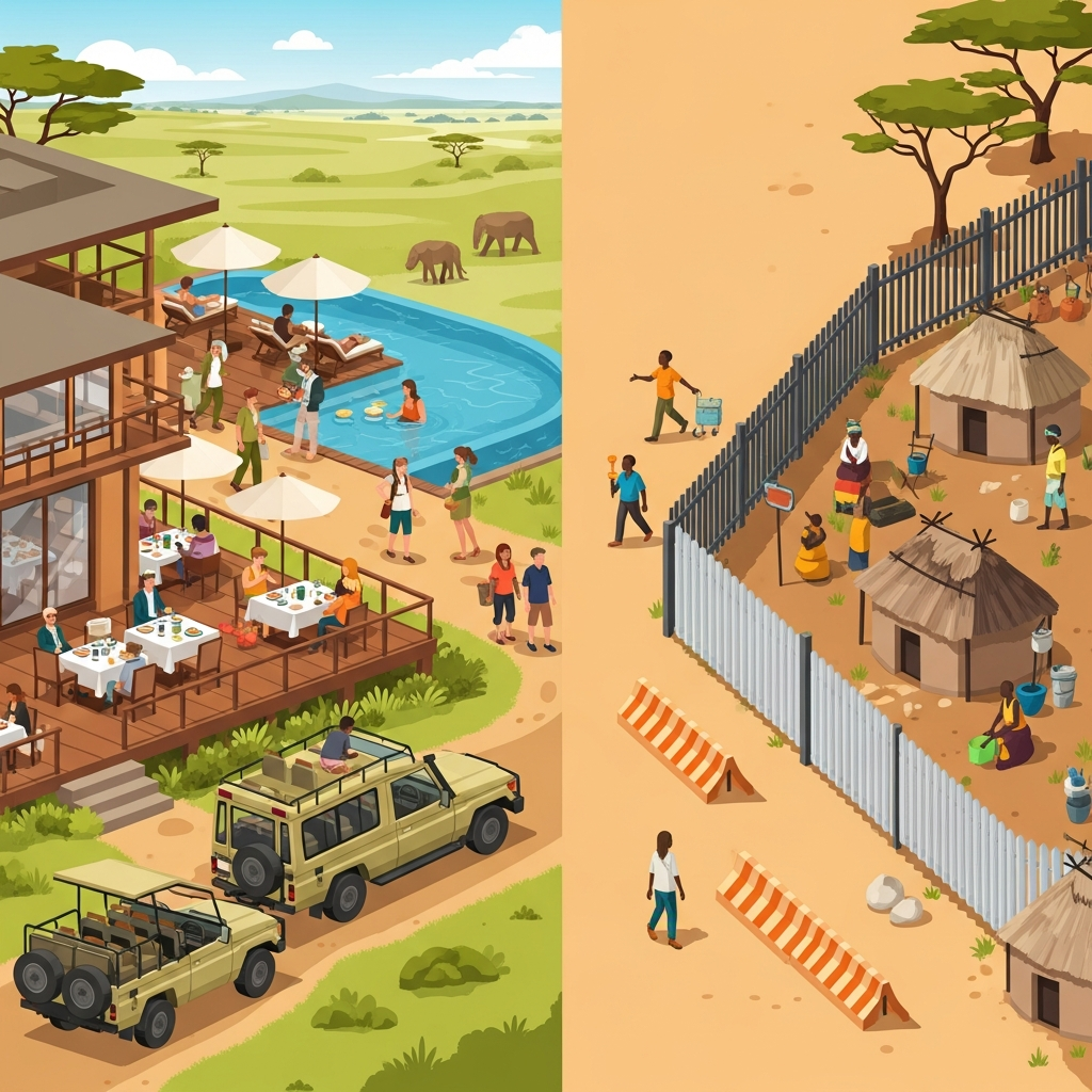 AI Generated Image - Editorial infographic visualizing the inequality paradox of African tourism boom. The left side shows a luxury safari resort with swimming pool and tourists, contrasted against the right side depicting a local community separated by iron fences, symbolizing the unequal distribution of tourism profits.