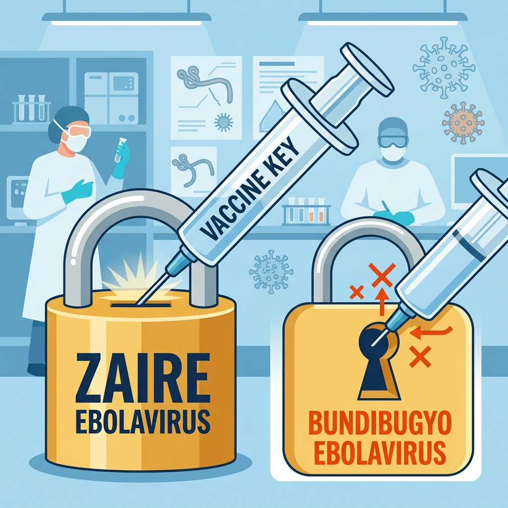 AI Generated Image - An editorial infographic illustration showing a vaccine syringe key successfully fitting into a golden lock labeled 'Zaire Ebolavirus' with a bright glow, while the identical vaccine key fails to fit into a separate lock labeled 'Bundibugyo Ebolavirus' marked with red X symbols indicating failure. Healthcare workers in protective equipment stand in a concerned pose within a clinical laboratory setting, surrounded by virus particle graphics and medical documents on shelves and tables, visually conveying the structural mismatch between vaccine design and pathogen challenge.