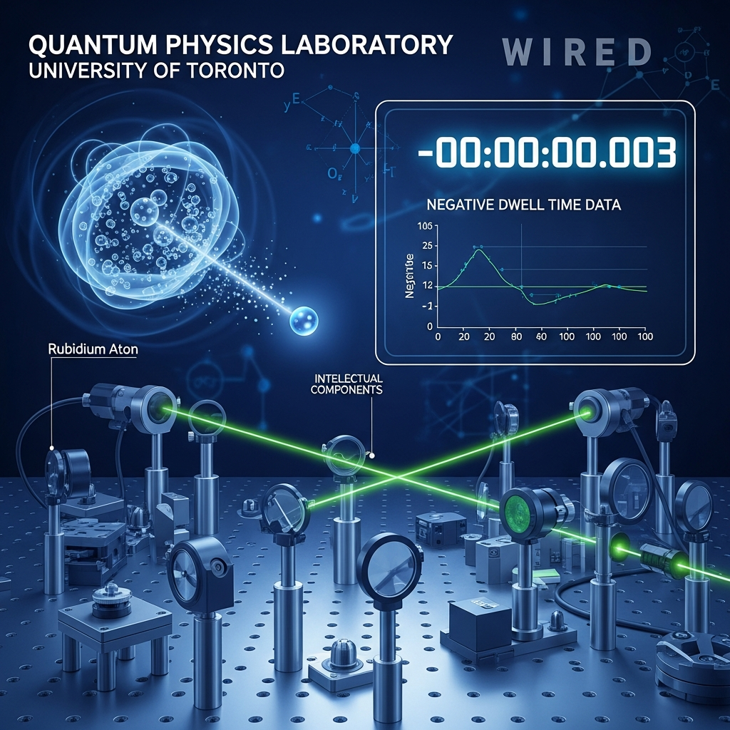 AI Generated Image - University of Toronto quantum physics laboratory measuring negative dwell time of a photon exiting a rubidium atom cloud with weak measurement technique, clock display showing negative time value