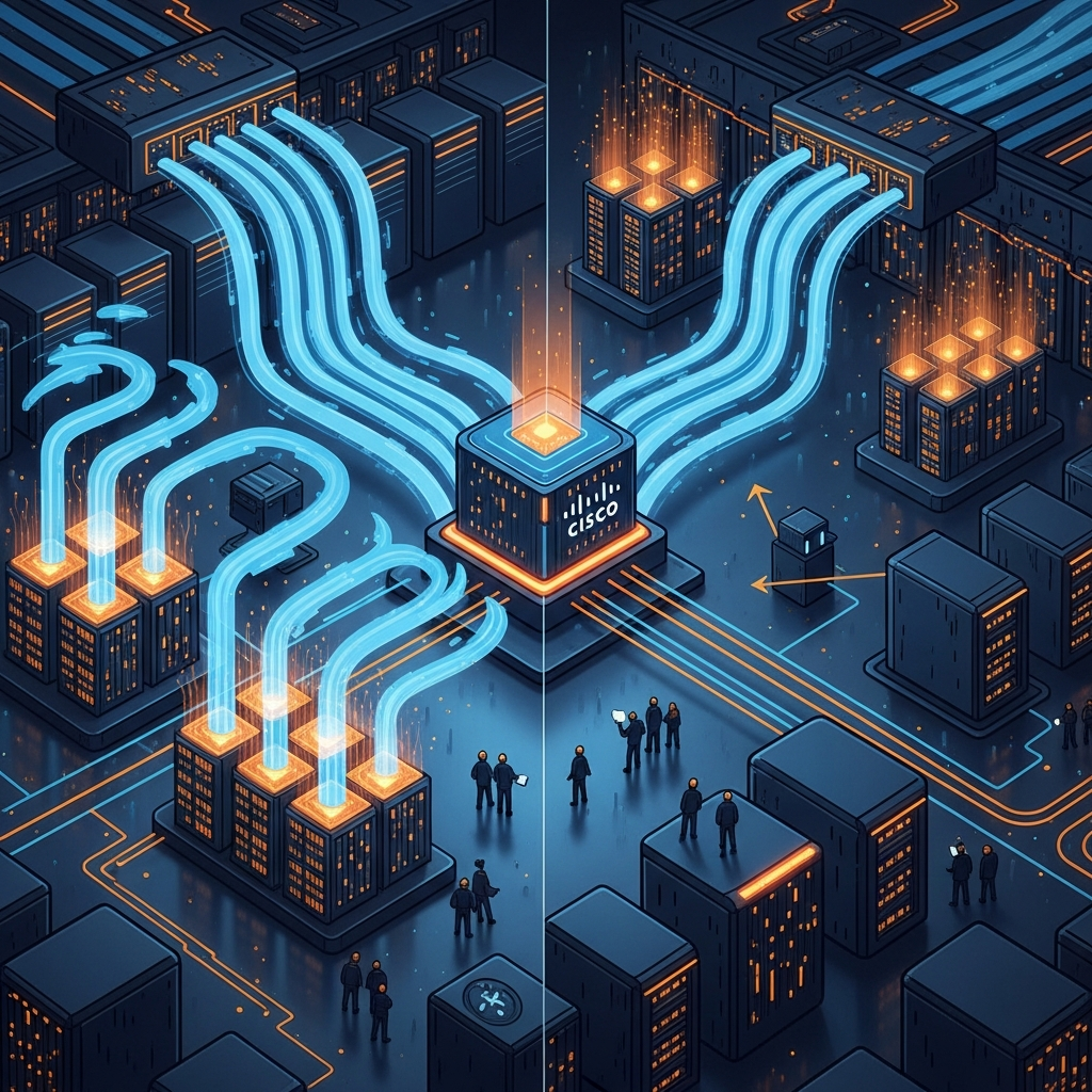 AI Generated Image - Digital illustration visualizing Cisco's AI infrastructure networking paradox. The central Cisco control node radiates bright blue high-speed data flows on the left (growth area) sharply contrasting with a dark, diminished zone on the right (workforce reduction), with tiny engineer silhouettes standing before the vast scale of infrastructure below.