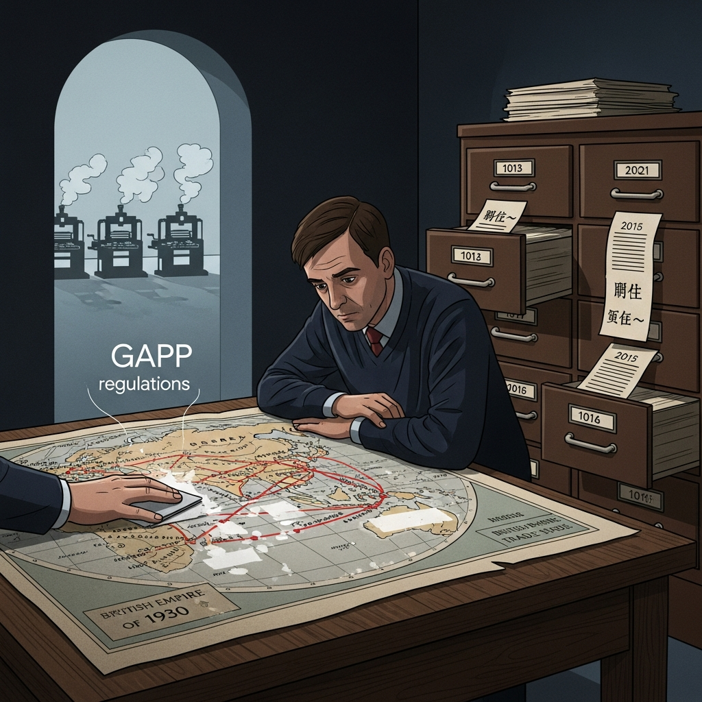AI Generated Image — A curator at the Victoria and Albert Museum examines a 1930s British Empire trade route historical map, with Chinese printing facilities visible in the background through a window labeled GAPP regulations, and a filing cabinet containing removed historical documents stands to the right.
