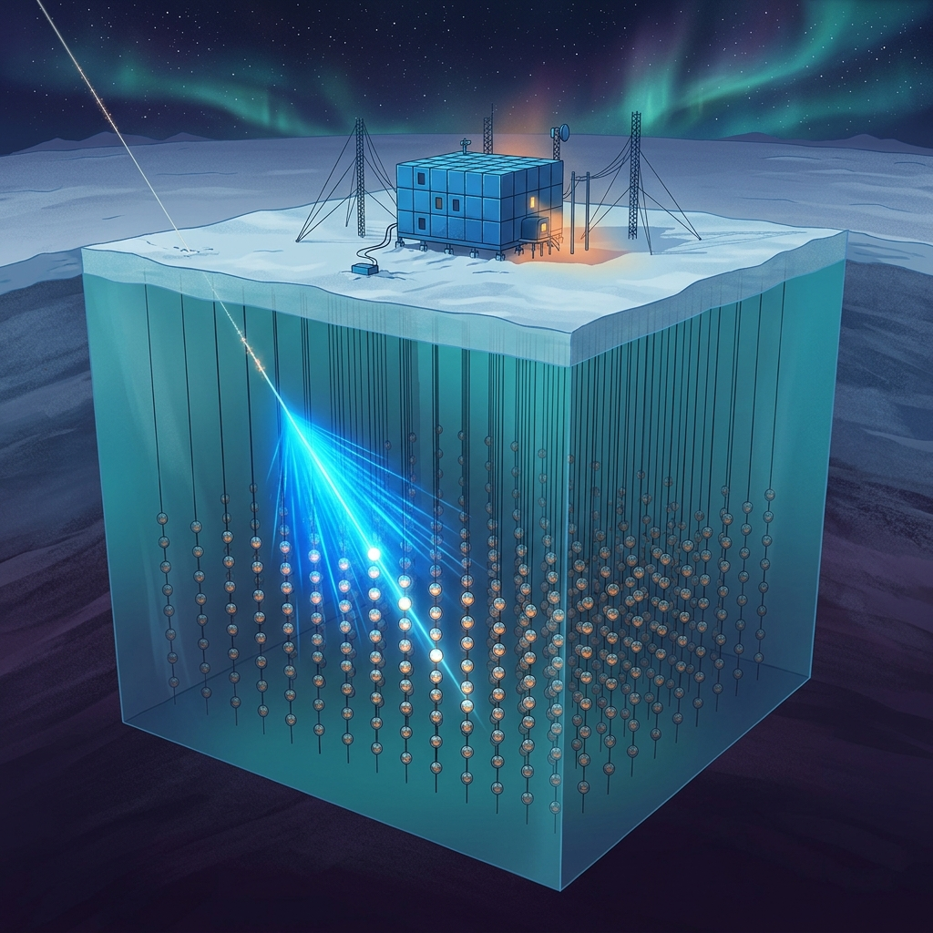 AI Generated Image - IceCube neutrino observatory at the South Pole with a blue cubic facility above the snow, transparent ice block below containing vertical arrays of spherical photomultiplier sensors on cables, and a cosmic neutrino particle trajectory creating blue Cherenkov radiation light through the ice