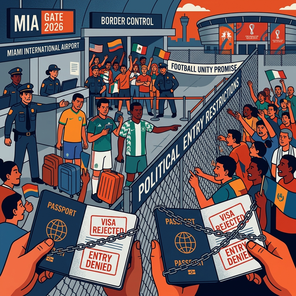 AI 생성 이미지 - 2026 FIFA 월드컵 비자 거부 위기를 다룬 editorial 이미지. 마이애미 국제공항 국경에서 여권과 비자 거부 도장을 들고 있는 축구 선수와 팬들이 펜스로 분리되어 있다. 한쪽은 '축구의 단결 약속(FOOTBALL UNITY PROMISE)'이, 다른 한쪽은 '정치적 입국 제한(POLITICAL ENTRY RESTRICTIONS)'이라는 텍스트로 표기되어 있다.
