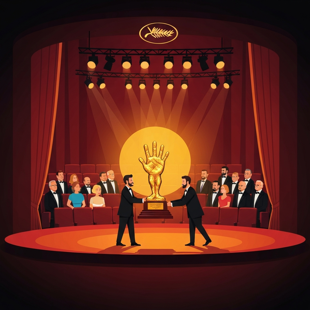 AI Generated Image - An illustration of the historic moment at Cannes Film Festival 2026, where Park Chan-wook as the first Korean festival president presents the Palme d'Or to director Cristian Mungiu on stage