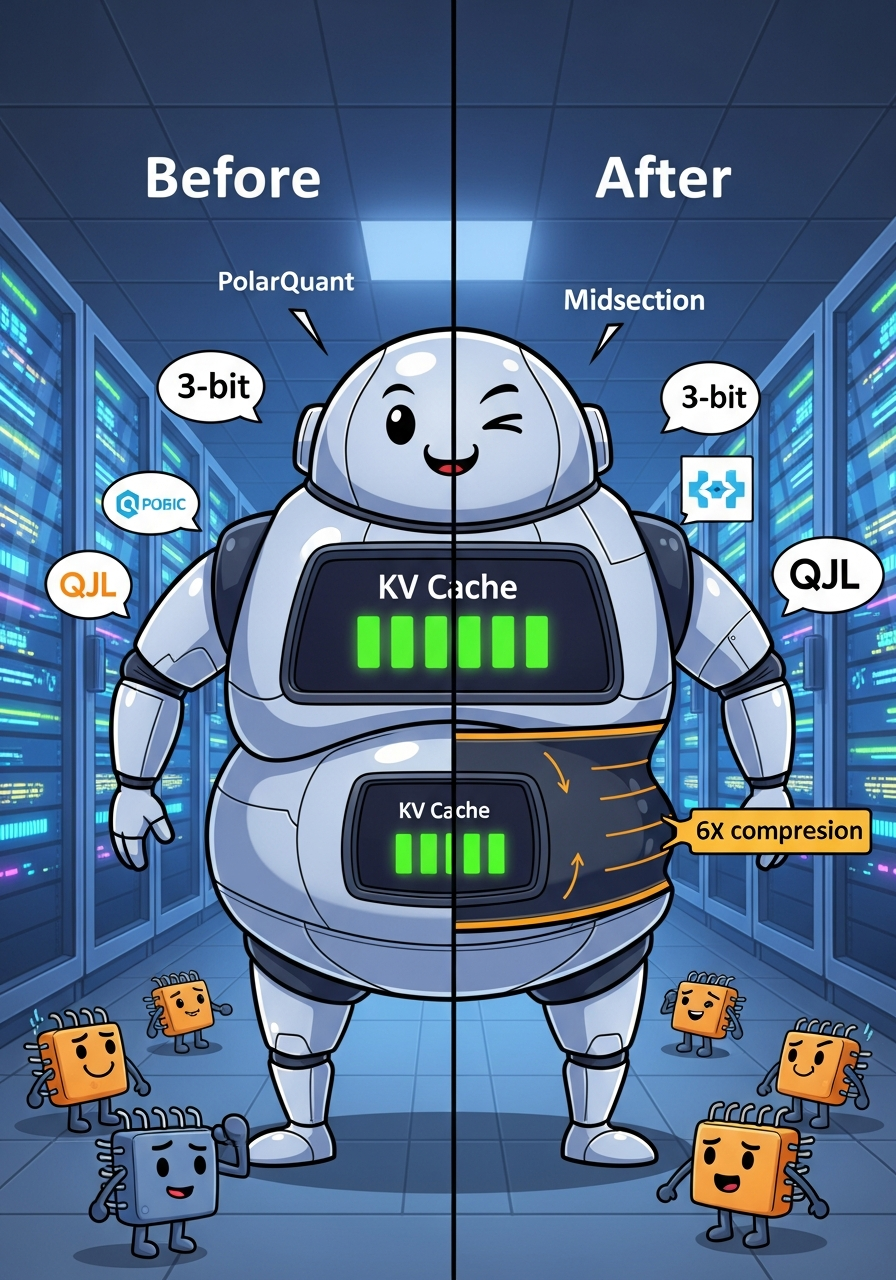 AI Generated Image - Before and after illustration of a chubby cartoon robot slimming down with a TurboQuant compression band, showing KV Cache memory bars shrinking via 3-bit quantization