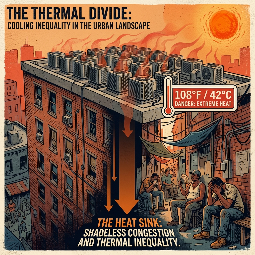 AI Generated Image - A digital illustration depicting a stark urban heat divide with dozens of densely packed air conditioning outdoor units on a rooftop emitting heat downward, while low-income workers below in a narrow alley desperately seek shade from extreme heat, marked by a thermometer showing 108°F/42°C