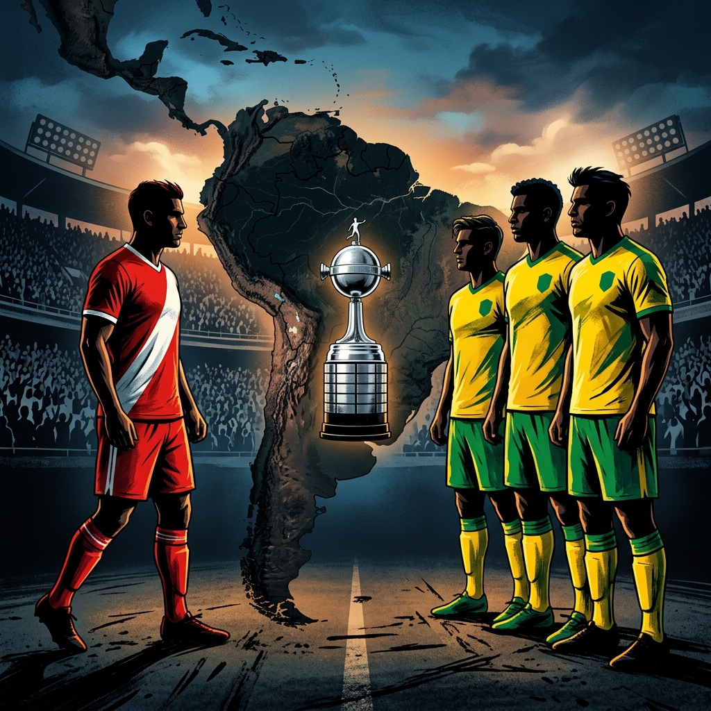 AI Generated Image - A giant Copa Libertadores trophy surrounded by three athletes in yellow-green uniforms against a South American map, with a single red-white uniformed player standing isolated