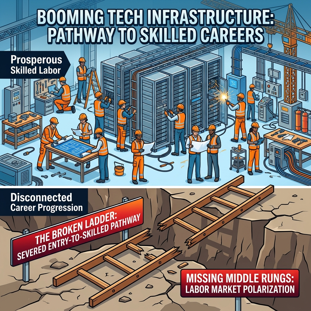 AI Generated Image - Workers in orange safety gear and hard hats assemble massive server rack structures and electrical systems at a bustling data center construction site. Below, a broken career ladder with missing middle rungs symbolizes labor market polarization: surging skilled labor demand above contrasted with severed entry-to-skilled career pathways below, depicted as an editorial infographic illustration.