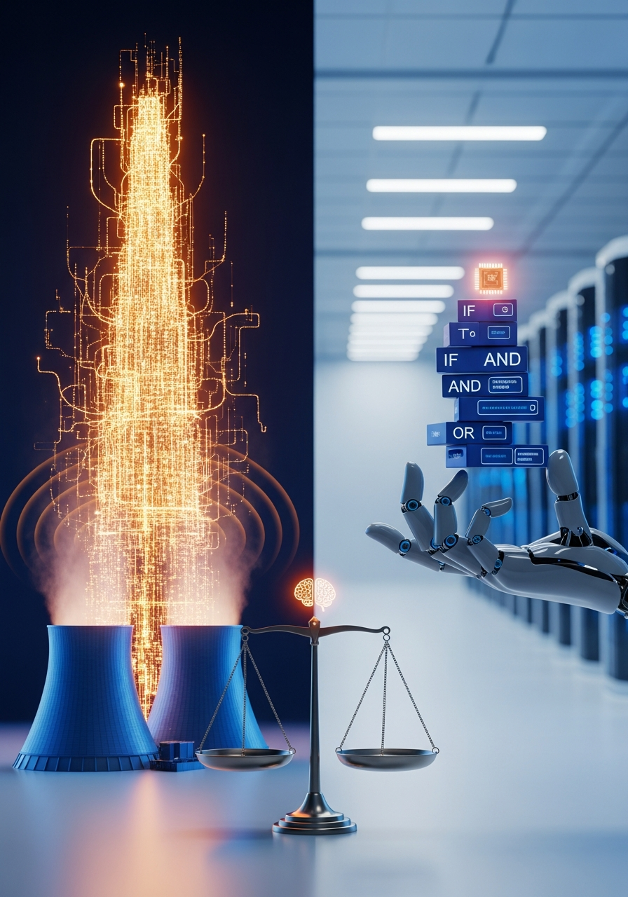 AI Generated Image - Editorial illustration of two contrasting AI systems on a balanced scale: left side features a massive glowing neural network cluster towering upward with visible heat waves and cooling towers at its base