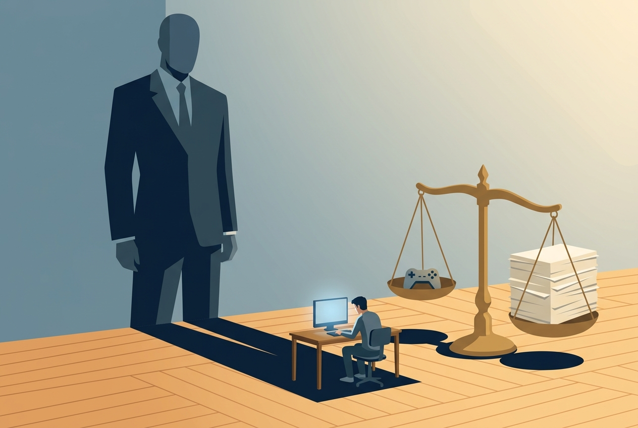 AI Generated Image: A towering faceless silhouette in a business suit casts a long shadow, and within that shadow a lone independent developer sits at a desk working at a glowing monitor. To the right, a brass justice scale holds a game controller on one pan and a thick stack of legal documents on the other, tipped toward the documents.