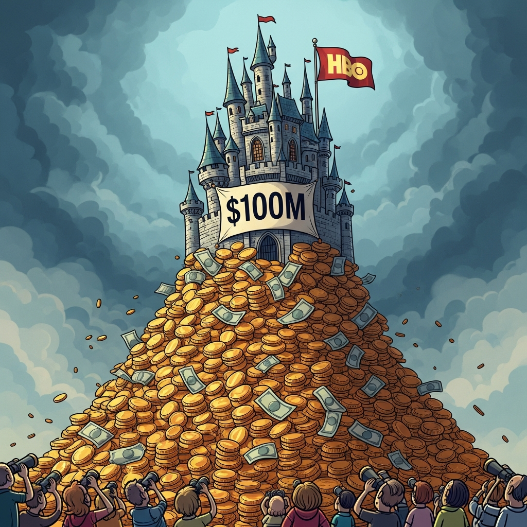 AI Generated Image - Tilting magical castle on mountain of gold coins with HBO banner and $100M sign, satirical illustration of expensive TV remake