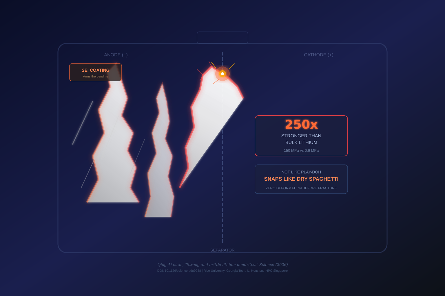 (AI-generated images) Editorial diagram showing lithium dendrite structure and separator penetration inside lithium-ion battery