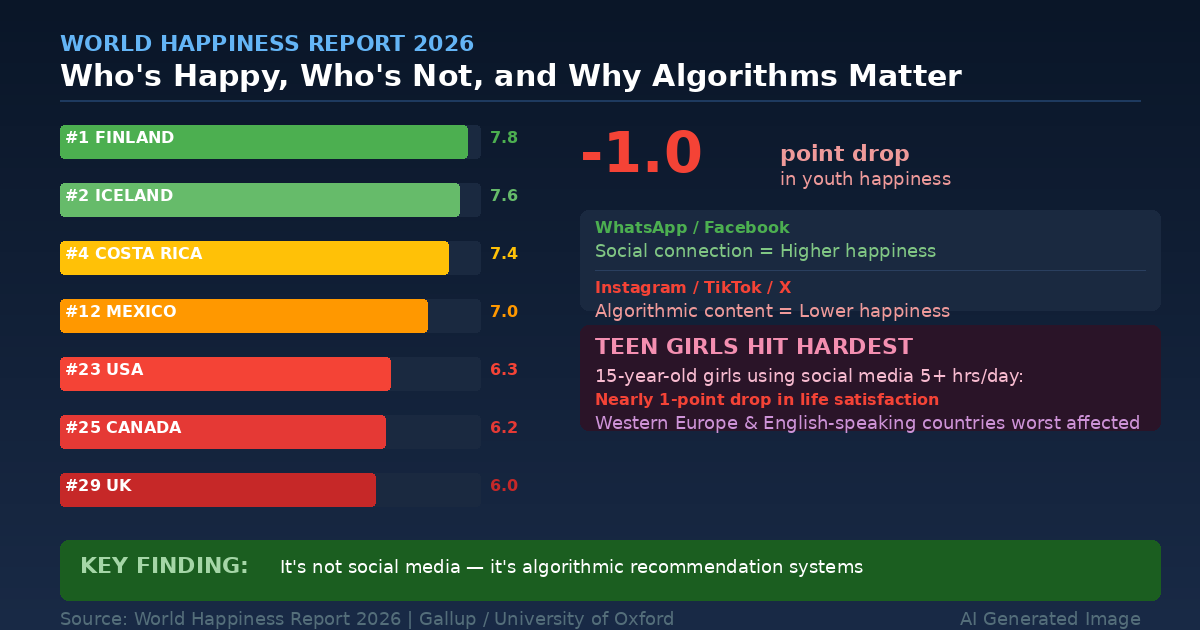 AI Generated Image - 2026 World Happiness Report infographic: country happiness rankings and social media impact on teen wellbeing