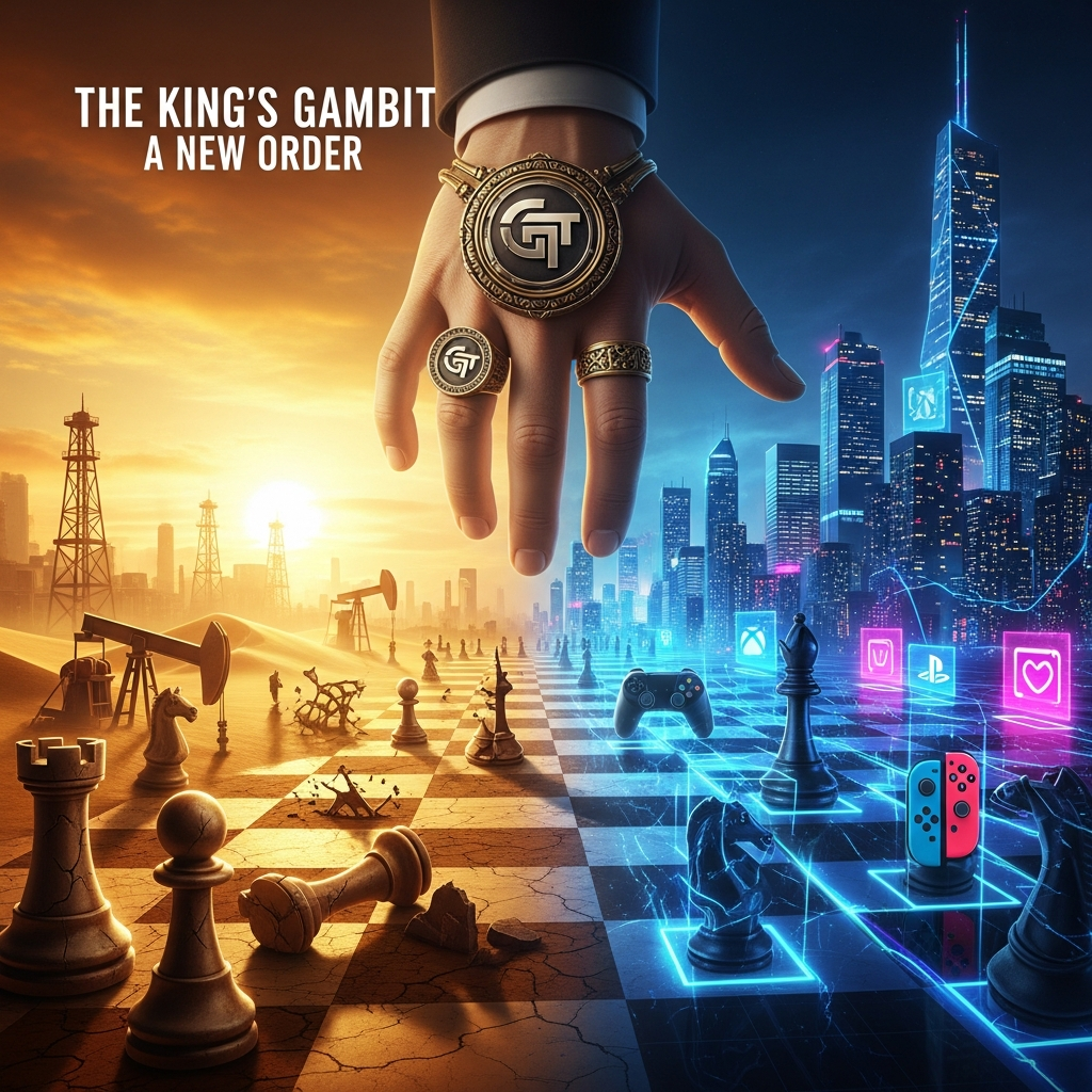 AI Generated Image - Editorial illustration of a digital game board where traditional chess pieces have been replaced with gaming controller icons and oil derricks, set between a golden desert landscape and neon-lit digital cityscape. An ornate-ringed hand moves a golden game controller chess piece while pixel-art gamers scatter away, conveying power dynamics and cultural tension in the gaming industry.