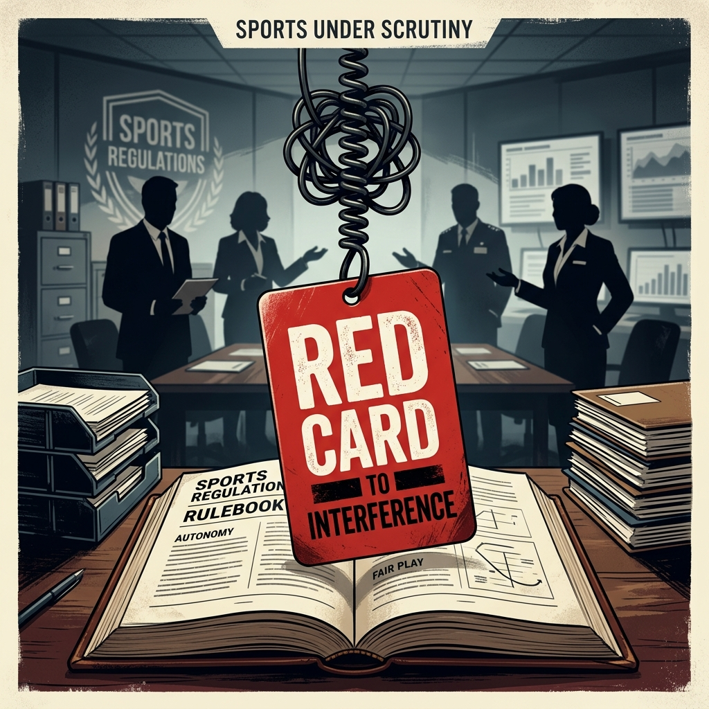 AI Generated Image — An editorial illustration depicting a red card suspended by a tangled telephone cord above an open rulebook, symbolizing political interference with sports regulations. Anonymous silhouettes of officials discuss in a governance office in the background, with scattered documents representing the complexity of institutional power dynamics.