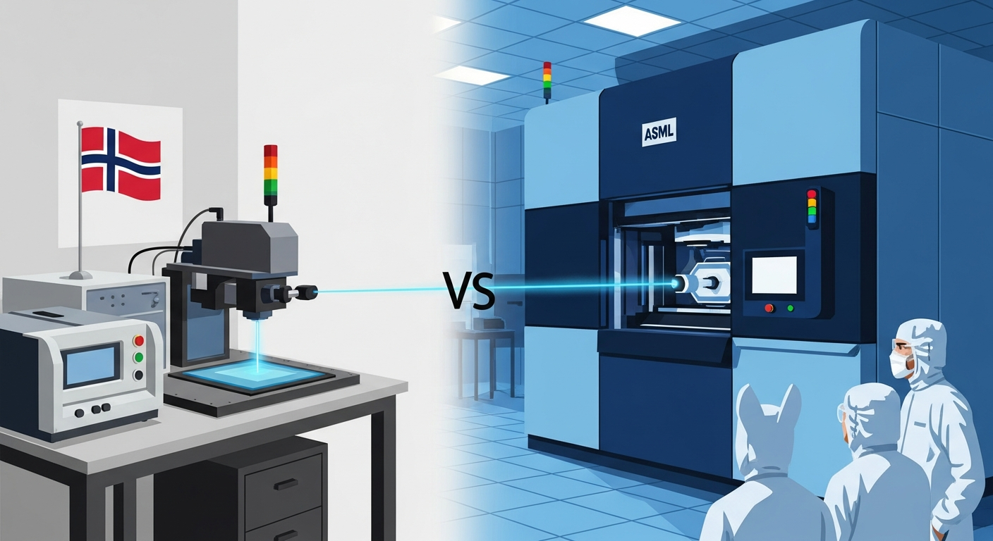 AI Generated Image - Norwegian startup Lace's helium atom beam device facing ASML's giant EUV lithography machine in a semiconductor cleanroom David vs Goliath showdown