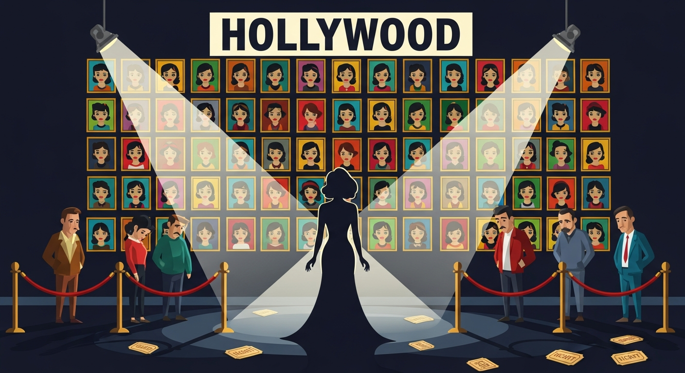 AI Generated Image - Hollywood actress silhouette surrounded by dozens of identical movie posters on Hollywood Boulevard, the economics of overexposure