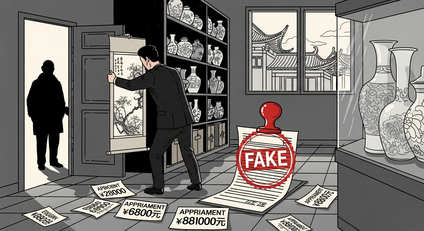 AI Generated Image - Nanjing Museum curator secretly removing ancient Chinese scroll painting with FAKE authentication stamp in museum vault