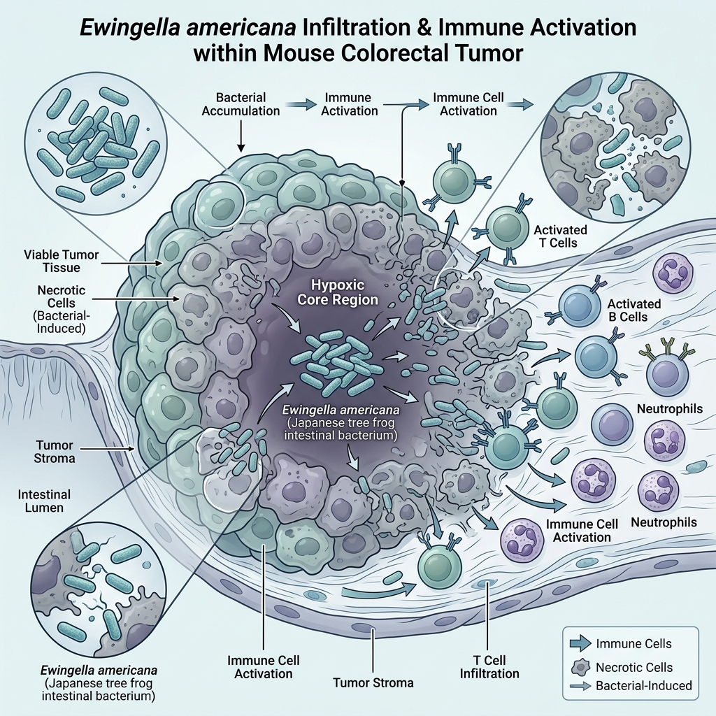 AI Generated Image - Scientific cross-section diagram depicting Ewingella americana bacterial accumulation within a mouse colorectal tumor. The bacterium selectively accumulates in the hypoxic core region, destroying cancer cells while simultaneously activating immune cells including T cells, B cells, and neutrophils in this laboratory-style diagram.