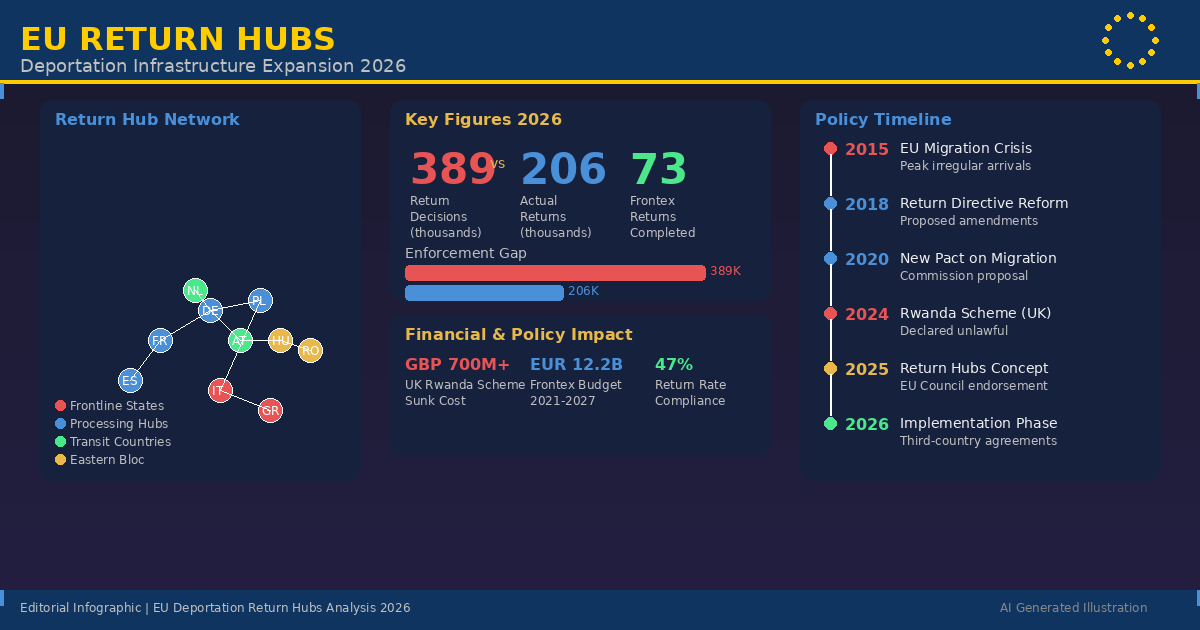 AI Generated Image - Editorial illustration of refugee silhouettes being redirected from the EU Parliament building through a border checkpoint toward a distant African coastline