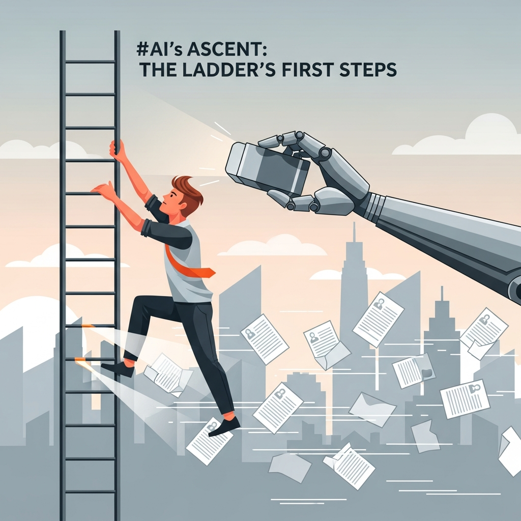 AI Generated Image - A Gen Z professional attempts to climb a career ladder while a stylized robotic AI arm with a glowing eraser erases the bottom rungs. Scattered falling resumes and job postings, gray and orange-toned city skyline background in an editorial digital illustration expressing job displacement.