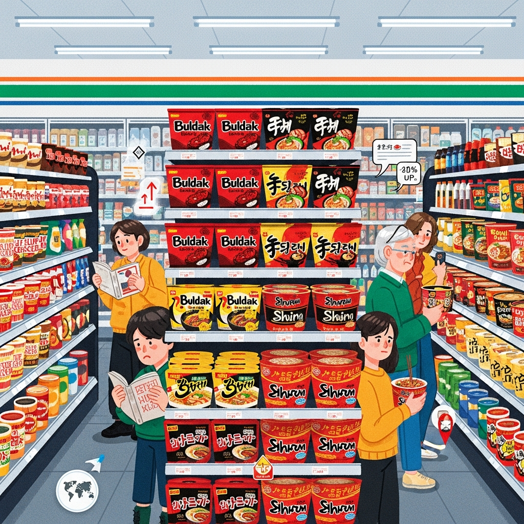 AI Generated Image - Korean instant ramen packages (Buldak and Shin Ramyun) prominently displayed in the center of a Tokyo convenience store shelf with their distinctive red and black packaging, surrounded by Japanese customers and staff in a bright, modern commercial environment rendered in digital illustration style