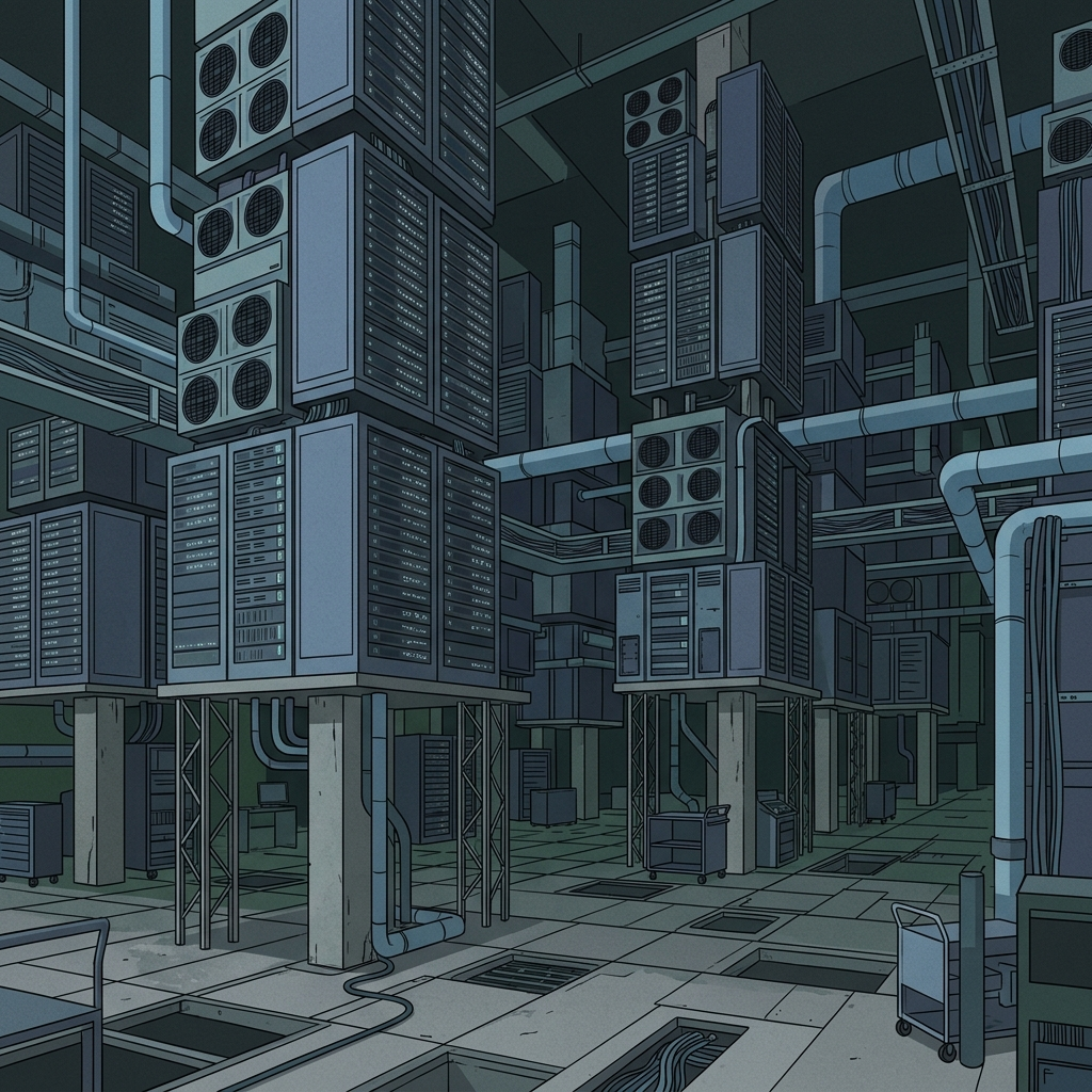 AI Generated Image - Vector illustration depicting an unstable data center infrastructure with heavy equipment stacked above thin and short supporting pillars, metaphorically expressing structural imbalance
