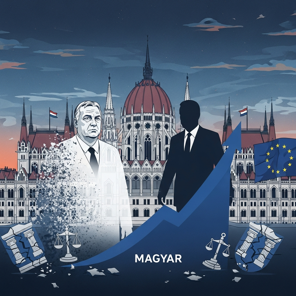 AI Generated Image - Budapest Parliament building with fading Orbán and ascending Magyar politician silhouettes, broken constitutional court and judicial symbols scattered in foreground, EU flag in background