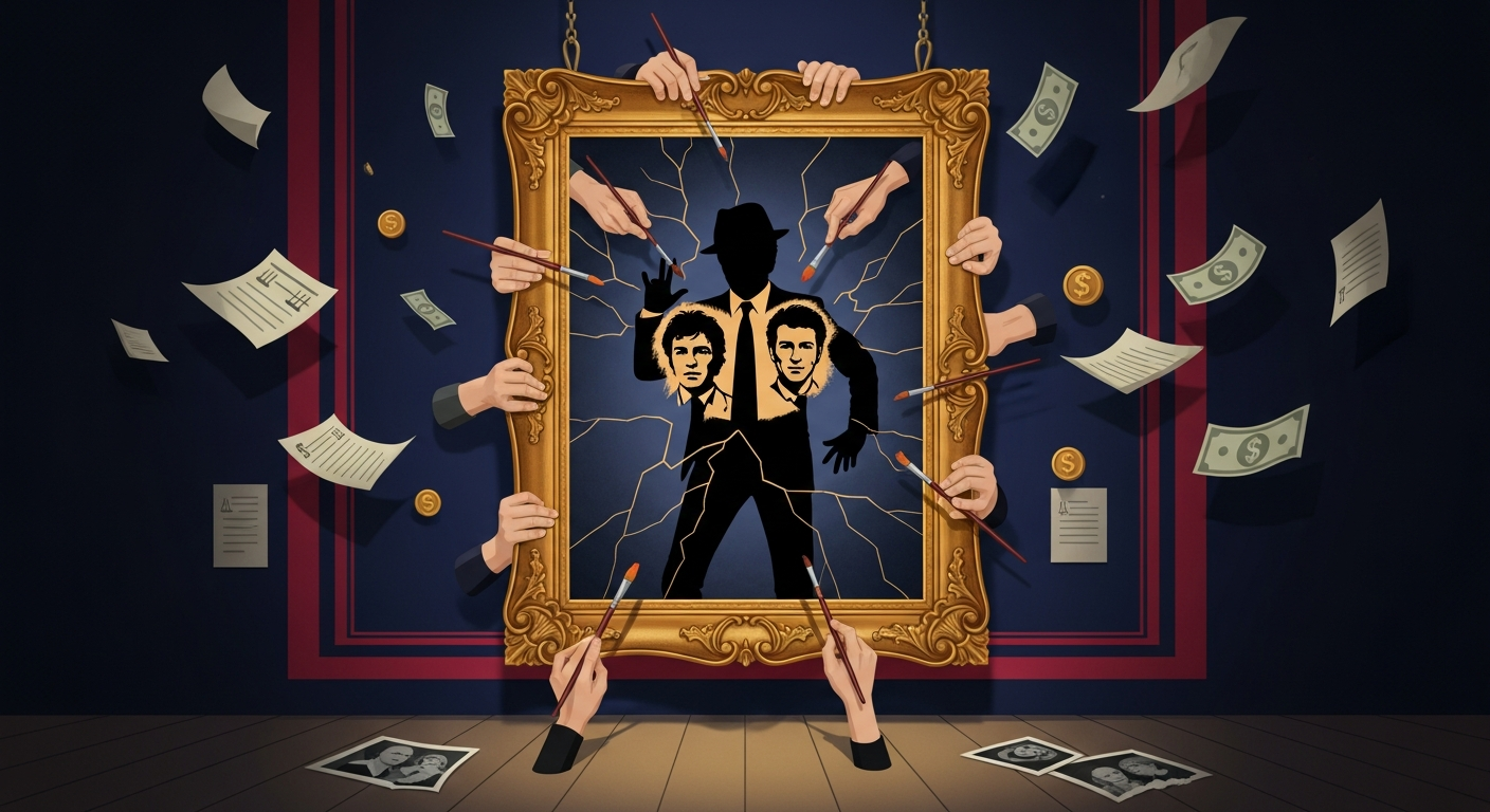 AI Generated Image - Cracked golden portrait frame with pop icon silhouette and competing hands painting different narratives amid floating legal documents and dollar bills