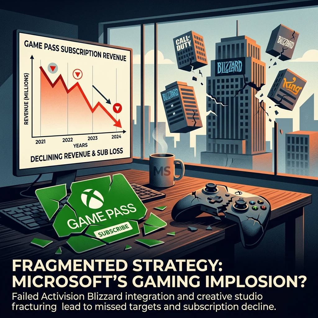 AI Generated Image - A corporate office desk displays a declining Game Pass subscription revenue chart (2021-2024) on a monitor, with a shattered green Game Pass card and a cracked Xbox controller scattered on the desk surface. Outside the window in the background, Activision studio buildings (Blizzard, Call of Duty, King) are shown floating and separating from each other, symbolizing Microsoft's failed gaming strategy and fragmented creative division.