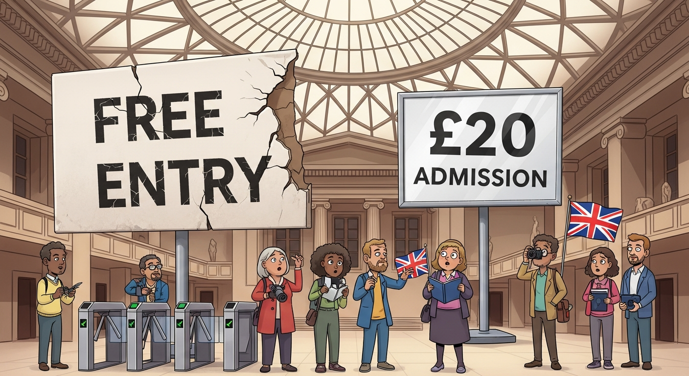 AI Generated Image - British Museum Great Court with cracked FREE ENTRY sign and new £20 ADMISSION sign, diverse tourists looking surprised