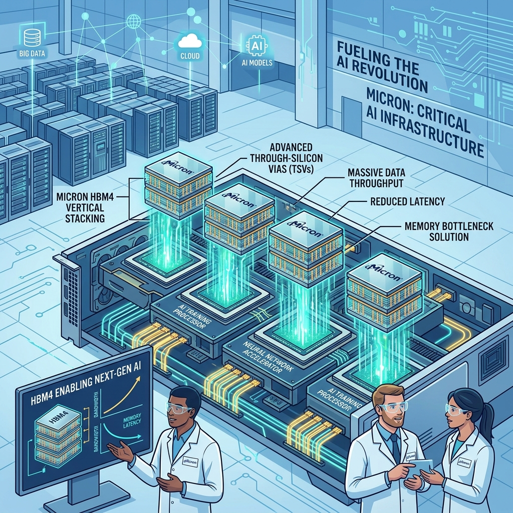 AI Generated Image - A digital illustration showcasing Micron Technology's HBM4 memory chips with advanced vertical stacking architecture integrated into a modern data center environment, with two engineers examining the memory system. Blue and silver circuit pathways with glowing data flow and text labels indicating 'Memory Bottleneck Solution' and 'Fueling the AI Revolution' are prominently featured throughout the image.