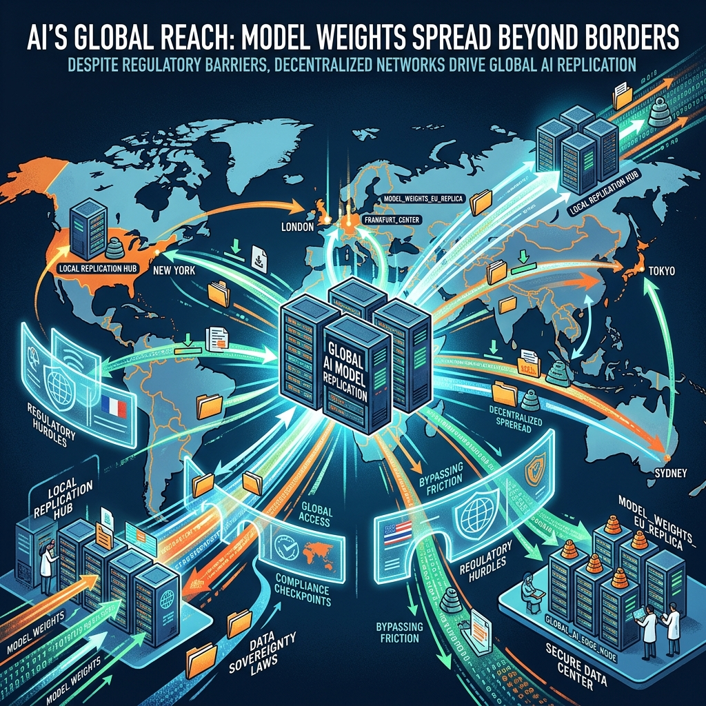 AI Generated Image - Chinese open-weight AI model weights spreading globally through server networks, bypassing regulatory barriers in decentralized infographic illustration