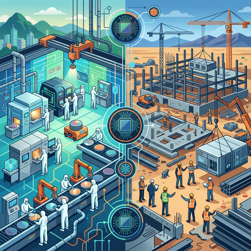 AI 생성 이미지 - TSMC 반도체 제조 시설의 클린룸 환경과 팹 건설 현장이 나란히 전개되는 장면, 엔지니어와 반도체 웨이퍼, 첨단 장비와 건설 크레인이 보인다