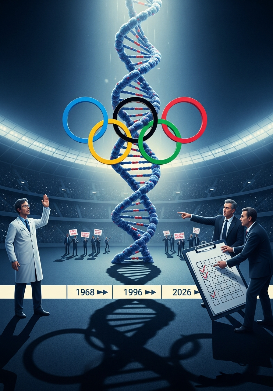 AI Generated Image - Olympic rings entangled with DNA double helix, scientist protesting IOC gender testing policy