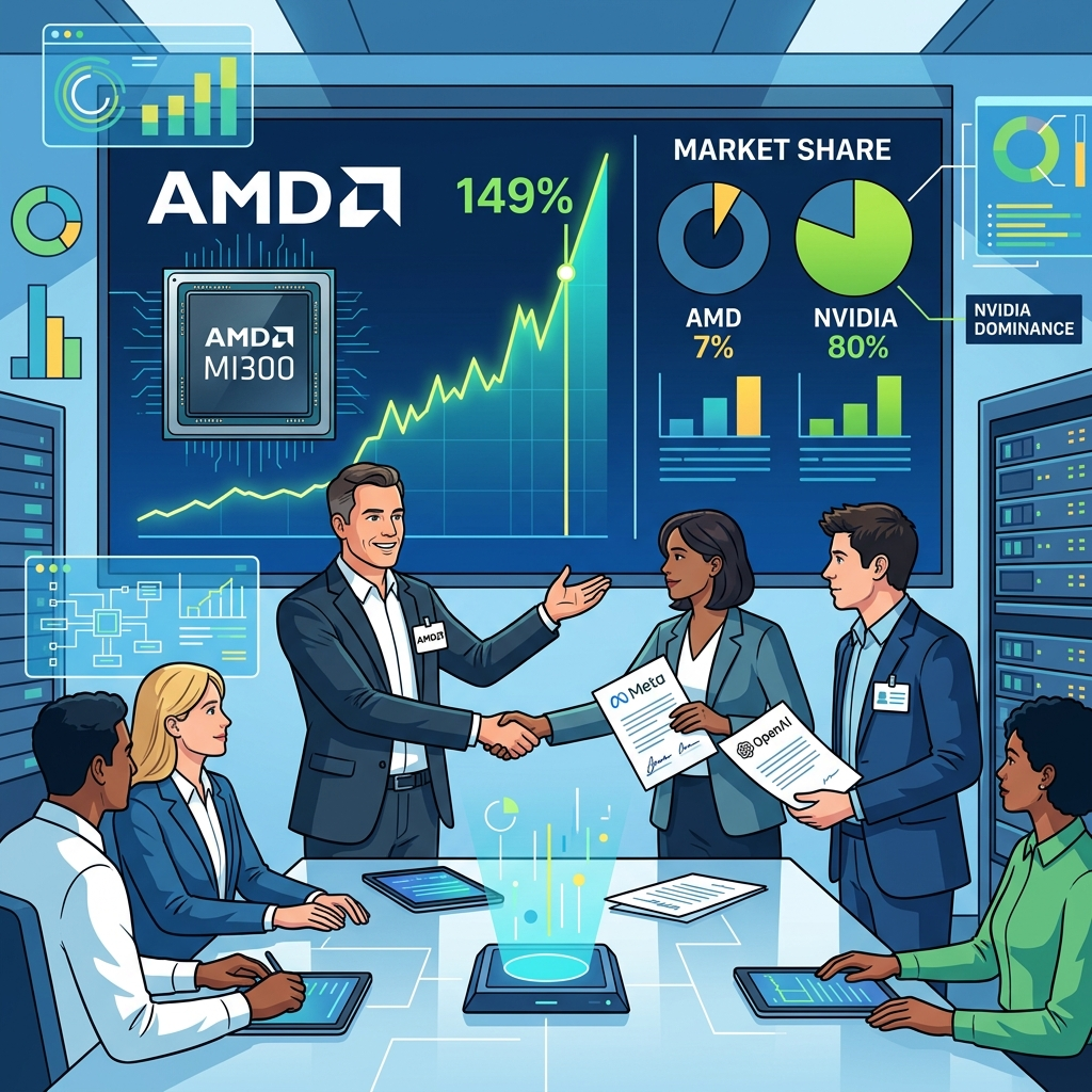 AI Generated Image - AMD logo and MI300 chip displayed with a dramatic 149% stock price surge chart, AMD executives meeting with Meta and OpenAI representatives holding contracts in a data center, showing the paradox of market share vs stock valuation
