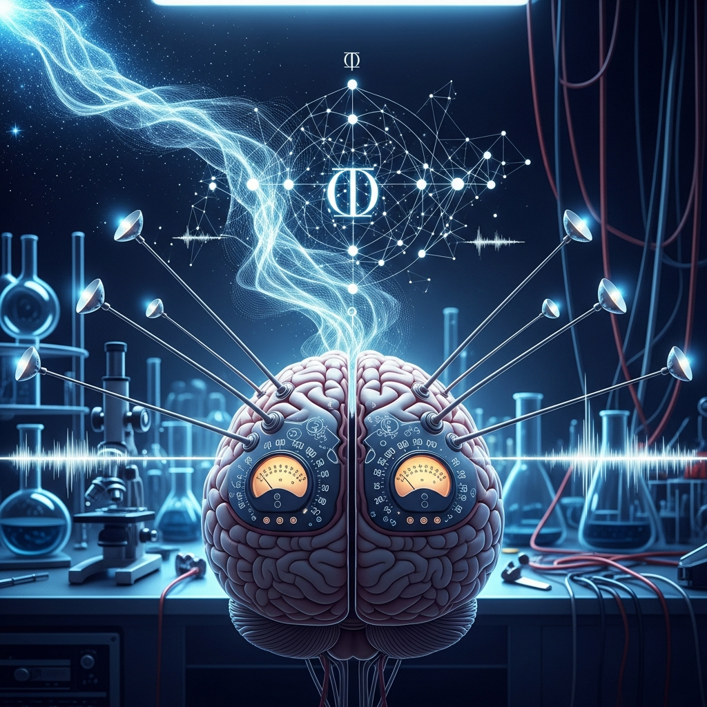 AI Generated Image - A scientific editorial illustration showing a brain as a radio receiver with antenna-like neural circuitry, tuning down cosmic consciousness signals while displaying integrated information theory Phi (Φ) diagrams and frequency waveforms in a laboratory setting