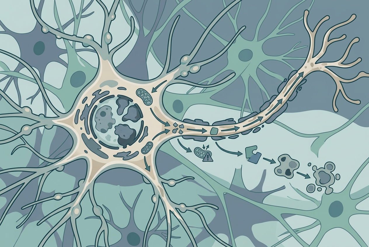 AI Generated Image - Editorial infographic of a brain neuron cross-section showing nuclear shrinkage and division due to karyoptosis. The image contrasts healthy neurons with damaged ones and uses arrows to trace the cell-death pathway.
